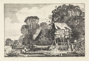 Kalastajat veneessä kyyhkysmajan lähellä Maisemat (sarjan nimi) Amenissimae aliquot requculae (sarjan nimi) tekijältä Jan van de Velde (II)