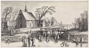 Talvimaisema luistelijoiden kanssa lähellä kylää Playsanten maisemia ja viihdyttäviä nähtävyyksiä (sarjan nimi) tekijältä Jan van de Velde (II)
