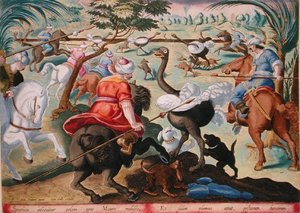 Moors on Horsebackin metsästys strutseja, levy 62 julkaisusta "Venationes Ferarum, Avium, Piscium" (Metsästys: Wild Beasts, Birds, Fish), kaiverrettu Jan Collaert (1566-1628), julkaissut Phillipus Gallaeus of Amsterdam (käsinvärinen kaiverrus) tekijältä Jan van der Straet