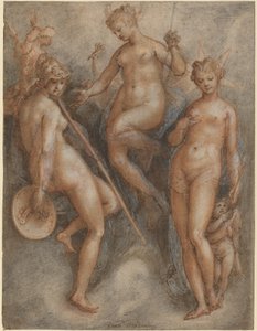 Kolme jumalatarta: Minerva, Juno ja Venus, n. 1587 (kynä ja ruskea muste ja musta ja punainen liitu korotettu valkoisella paperille) tekijältä Jan van der Straet