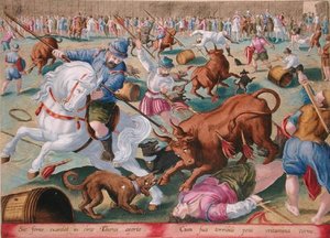 Joukkohärkätaistelu aitauksessa, levy 18 julkaisusta "Venationes Ferarum, Avium, Piscium" (Metsästys: Wild Beasts, Birds, Fish), kaiverrettu Jan Collaert (1566-1628), julkaissut Phillipus Gallaeus of Amsterdam (käsinvärinen kaiverrus)