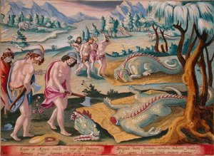 Päänleikkauskrokotiilit, levy 46 julkaisusta "Venationes Ferarum, Avium, Piscium" (Metsästys: Wild Beasts, Birds, Fish), kaivertanut Jan Collaert (1566-1628), julkaissut Phillipus Gallaeus of Amsterdam (käsinvärinen kaiverrus)