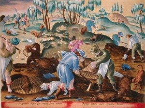 Porcupines kaivetaan esiin ja vangitaan, levy 54 "Venationes Ferarum, Avium, Piscium" (Metsästys: Wild Beasts, Birds, Fish), kaiverrus Jan Collaert (1566-1628), julkaissut Phillipus Gallaeus of Amsterdam (käsinvärinen kaiverrus)