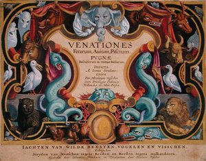 Jan Collaertin (1566-1628) kaiverruksen "Venationes Ferarum, Avium, Piscium" (Metsästyksestä: villieläimet, linnut, kalat) nimiölehti, jonka on julkaissut Phillipus Gallaeus, Amsterdam (käsin väritetty kaiverrus). tekijältä Jan van der Straet