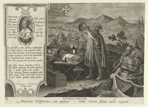Amerigo Vespucci etsimässä eteläristiä astrolabeilla, Nova Reperta, pub. 1600 (kaiverrus) tekijältä Jan van der Straet