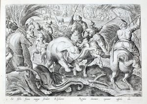 Norsut pitävät suurta melua, kun niitä lyövät metsästäjien keihäät, kuvitus teoksesta "Venationes, Ferarum, Avium, Piscium" (Metsästys: Wild Beasts, Birds, Fish), kaiverrettu Jan Collaert (1566-1628), pubi. kirjoittanut Phillipus Gallaeus, Amsterdam (kaive tekijältä Jan van der (1523 1605) Straet