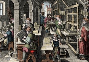 Paino, c1600 - Hollanti, Painatus: vasemmalla merkit käyttävät merkkejä, painatuksen valmistelun eri vaiheet pääpainon ohjaamana - Kaiverrus "Nova Reperta" Giovanni Stradano (Jan Van Der Straet) (Johanne)