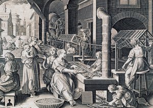 Vermis sericus, naiset kehrävät silkkiä ja lämmittävät silkkiäistoukkia tulessa, kaiverrus Stradanus (1523-1605), Italia tekijältä Jan van der Straet