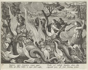 Käärmeiden pyydystäminen Intiassa mailoilla ja soihtuilla aluskasvillisuuden valaisemiseen, levy 44 Venationes Ferarum, Avium, Piscium (Metsästys: Wild Beasts, Birds, Fish) pubista. 1640