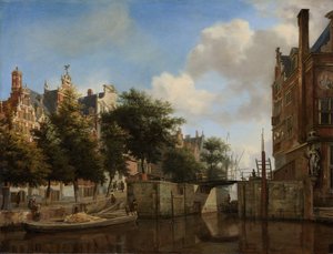 Amsterdamin kaupunkinäköala ja taloja Herengrachtilla ja vanha Haarlemmersluis, n. 1670