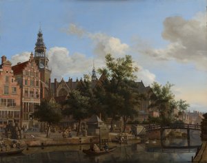 Näkymä Oudezijds Voorburgwalista Oude Kerkin kanssa Amsterdamissa tekijältä Jan van der Heyden