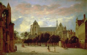 Näkymä Veeren Grote Kerkille etelästä (öljy paneelissa) tekijältä Jan van der Heyden