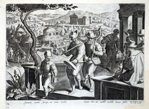 Lintujensieppaajat lähtevät pyytämään mustarastaita, kuvitus julkaisusta "Venationes, Ferarum, Avium, Piscium" (Metsästys: Wild Beasts, Birds, Fish), kaiverrettu Jan Collaert (1566-1628), pub. kirjoittanut Phillipus Gall tekijältä Jan van der Straet