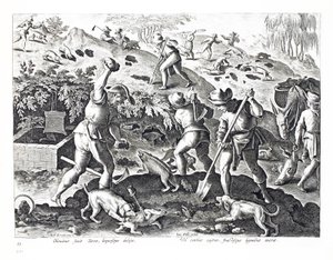 Mäyräkoirien kaivaminen ja pyydystäminen, kuvitus teoksesta "Venationes, Ferarum, Avium, Piscium" (Metsästyksestä: villieläimet, linnut, kalat), kaiverrettu Jan Collaertin (1566-1628) toimesta, julkaisija Phillipus Gallaeus, Ams. tekijältä Jan van der Straet