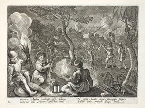 Linnunpyytäjiä pyydystämässä lintuja yöllä, kuvitus teoksesta "Venationes, Ferarum, Avium, Piscium" (Metsästyksestä: villieläimet, linnut, kalat), kaiverrettu Jan Collaertin (1566-1628) toimesta, julkaisija Phillipus Gallaeus, Amste. tekijältä Jan van der Straet