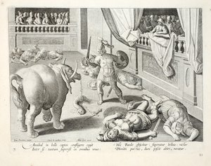 Hannibal panee kukistetut roomalaiset taistelemaan toisiaan vastaan, kuvitus teoksesta "Venationes, Ferarum, Avium, Piscium" (Metsästyksestä: villieläimet, linnut, kalat), kaiverrettu Jan Collaertin (1566-1628), julkaisija Phillipus. tekijältä Jan van der Straet