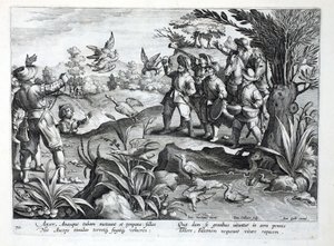 Metsästäjät käyttävät haukkoja hanhien metsästykseen, kuva teoksesta "Venationes, Ferarum, Avium, Piscium" (Metsästyksestä: villieläimet, linnut, kalat), kaiverrettu Jan Collaertin (1566-1628) toimesta, julkaissut Phillipus Gallaeus, A. Gallaeus. tekijältä Jan van der Straet