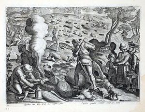Metsästyskanit, kuvitus julkaisusta "Venationes, Ferarum, Avium, Piscium" (Metsästys: Wild Beasts, Birds, Fish), kaiverrettu Jan Collaert (1566-1628), pub. kirjoittanut Phillipus Gallaeus, Amsterdam tekijältä Jan van der Straet