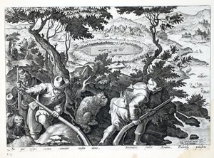 Ankkojen metsästys, kuvitus julkaisusta "Venationes, Ferarum, Avium, Piscium" (Metsästys: Wild Beasts, Birds, Fish), kaiverrus Jan Collaert (1566-1628), pub. kirjoittanut Phillipus Gallaeus, Amsterdam (kaiverrus tekijältä Jan van der Straet