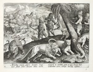 Intiaanit ampuvat nuolilla leijonia, jotka ovat vangiksineet apinoita suuhunsa, kuvitus teoksesta "Venationes, Ferarum, Avium, Piscium" (Metsästys: Wild Beasts, Birds, Fish), kaiverrettu Jan Collaert (15) tekijältä Jan van der Straet