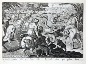 Moors on Horseback Metsästys strutseja, levy 62, kuva julkaisusta "Venationes, Ferarum, Avium, Piscium" (Metsästys: Wild Beasts, Birds, Fish), kaiverrus Jan Collaert (1566-1628), pub. kirjoittanut Phillipus tekijältä Jan van der Straet
