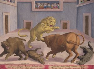 Aateliset katsovat luonnonvaraisten petojen taistelua sisäsirkuksessa, levy 12 julkaisusta "Venationes Ferarum, Avium, Piscium" (Metsästys: Wild Beasts, Birds, Fish), kaiverrettu Jan Collaert (1566-1628), julkaisija Ph. tekijältä Jan van der Straet