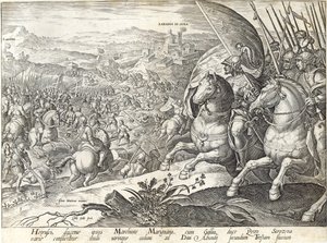 Labadia si Senan ja St. Abondan taistelu, levy 3 "The History of the Medici" -teoksesta, kaiverrus Philip Galle (1537-1612), n. 1583 tekijältä Jan van der Straet