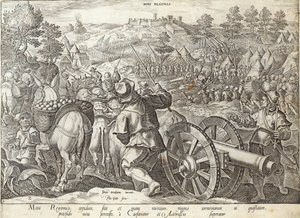 Mons Regionisin taistelu, levy "The History of the Medici" -kirjoituksesta, kaiverrus Philip Galle (1537-1612), n. 1583 tekijältä Jan van der Straet