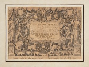 Sarjan "Medici-perheen voitto ja voitto" omistussivu tekijältä Jan van der Straet, called Stradanus