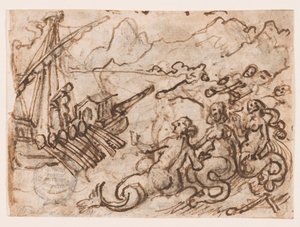 Luonnoskirjan sivu: Ulysses ohittaa sireenit (recto); Ulysses in the Underworld (verso) tekijältä Jan van der Straet, called Stradanus