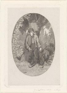 Mies puun vieressä metsässä tekijältä Jan van der Veen (prentmaker)