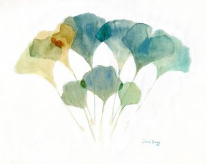 Pehmeillä väreillä kerrostettuja ginkgolehtiä, noin 2021 (vesiväri ja kaseiini paperille).