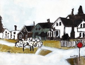 Houses on 7th Street, n.2020 (vesiväri, kaseiini ja hiili paperille). tekijältä Janel Bragg