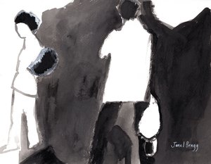 Suojelijoita Palm Springsin taidemuseossa, noin 2017 (tussi ja gesso paperille). tekijältä Janel Bragg