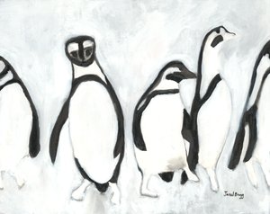 Pingviinit Woodland Parkin eläintarhassa, noin 2021 (sumi-muste ja gesso paperille). tekijältä Janel Bragg
