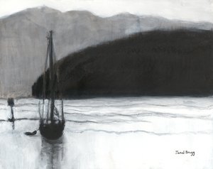 Purjevene Anacortesin satamassa, noin 2021 (hiili, muste ja gesso paperille). tekijältä Janel Bragg