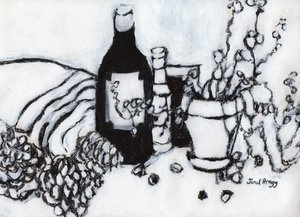 Still Life with Olive Oil and Pine Cones, noin 2017 (hiiltä ja gessoa paperille). tekijältä Janel Bragg