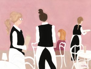 Cafe Sabarskyn tarjoilijat vaaleanpunaisessa ja beigessä, n. 2024 (vesiväri paperille). tekijältä Janel Bragg