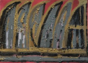 Burning House, 2013 (guassi, puutuhka ja lehtikulta paperilla) tekijältä Janet McKenzie