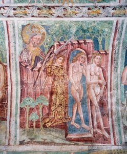 Hrastovljen linnoituskirkko, Kolminaisuuden kirkko, Aatami ja Eeva karkotettu paratiisista (1490), yksityiskohta freskoista Janez Iz Kastva, Slovenia