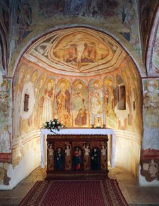 Hrastovljen linnoitettu kirkko, Trinity Church, Apostolit (1490), yksityiskohta Janez Iz Kastvan freskoista, Slovenia