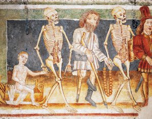 Hrastovljen linnoituskirkko, Kolminaisuuden kirkko, Kuolema lasta ja köyhää, Kuoleman tanssi (1490), yksityiskohta Janez Iz Kastvan freskoista (1490), Slovenia