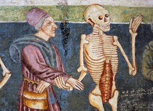 Hrastovljen linnoituskirkko, Kolminaisuuden kirkko, Kuoleman saattajalääkäri, Kuoleman tanssi (1490), yksityiskohta Janez Iz Kastvan freskoista, Slovenia