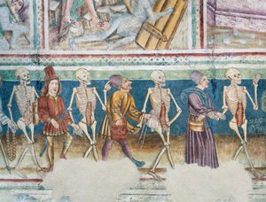 Hrastovljen linnoitettu kirkko, Kolminaisuuden kirkko, Kuoleman saattaja kauppias ja varakas pankkiiri, Kuoleman tanssi (1490), yksityiskohta Janez Iz Kastvan freskoista, Slovenia