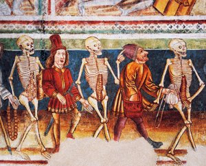 Hrastovljen linnoitettu kirkko, Kolminaisuuden kirkko, Kuoleman saattaja kauppias ja varakas pankkiiri, Kuoleman tanssi (1490), yksityiskohta Janez Iz Kastvan freskoista, Slovenia