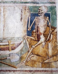Hrastovljen linnoituskirkko, Kolminaisuuden kirkko, haudan avauslaatta, Kuoleman tanssi (1490), yksityiskohta Janez Iz Kastvan freskoista, Slovenia