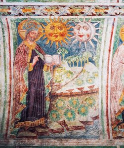 Hrastovljen linnoituskirkko, Kolminaisuuden kirkko, Genesis, Jumala luo auringon, kuun ja tähdet (1490), yksityiskohta Janez Iz Kastvan freskoista, Slovenia