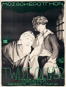Juliste unkarilaisen elokuvatuotantoyhtiön Corvinin mykkäelokuvalle Oliver Twist tekijältä Janos Bednar