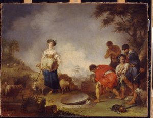 Jacob tapaa Rachelin kaivolla. Johann Rosso Jauarius Zickin (1730-1797) maalaus öljy kankaalle