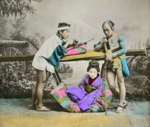 Käsinvärjätty japanilainen albumiiniprintti, n.1880 tekijältä Japanese Photographer